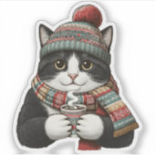 Cozy Winter Cat Cocoa Sticker (Voorkant)
