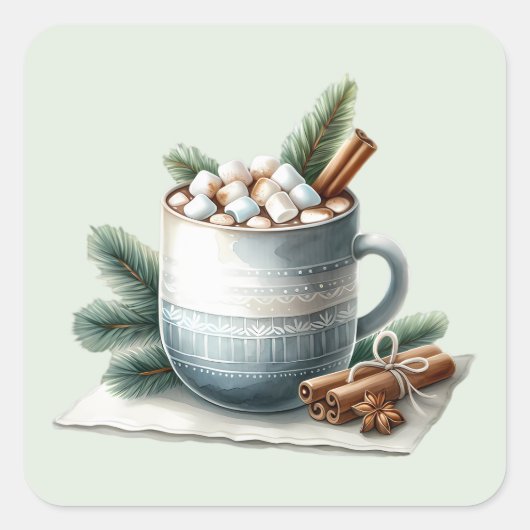 Cozy Winter Cocoa Marshmallow Scene Vierkante Sticker (Voorkant)