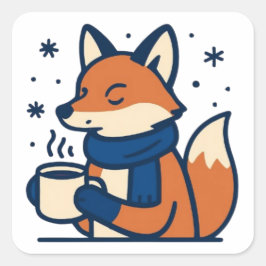 Cozy Winter Fox with Hot Cocoa  Vierkante Sticker