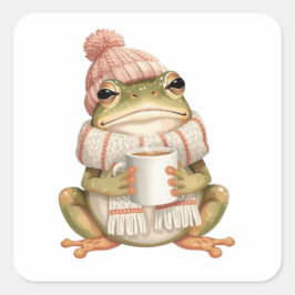 Cozy Winter Frog & Coffee Aesthetic Vierkante Sticker