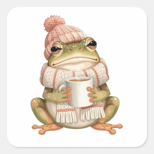 Cozy Winter Frog & Coffee Aesthetic Vierkante Sticker (Voorkant)