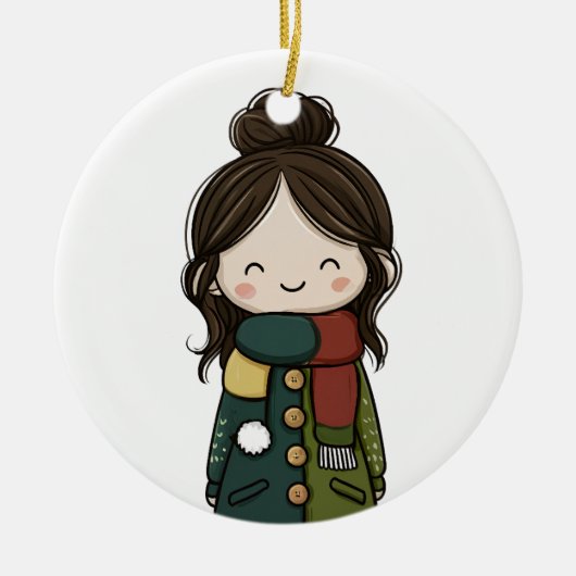 Cozy Winter Girl - Pom‑Pom Pocket Coat Keramisch Ornament (Voorkant)