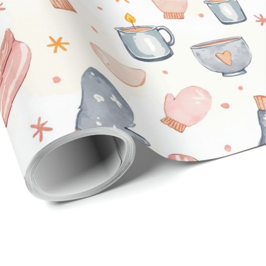 Cozy Winter Mittens & Mug Watercolor Pattern  Cadeaupapier (Rol Hoek)