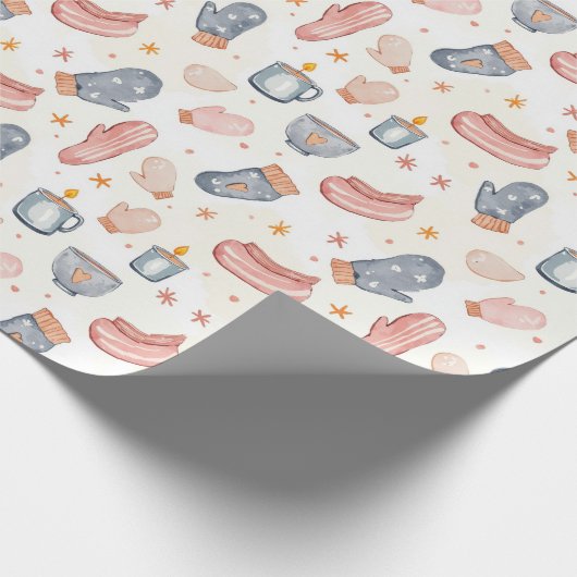 Cozy Winter Mittens & Mug Watercolor Pattern Cadeaupapier (Hoek)