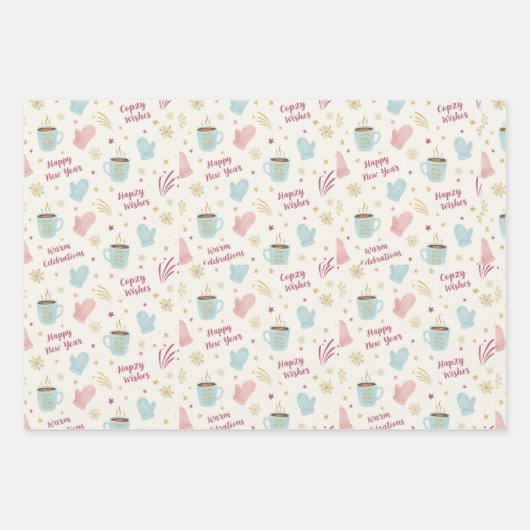 Cozy Winter Mug Mitten Pattern "Happy New Year" Inpakpapier Vel (Voorkant)