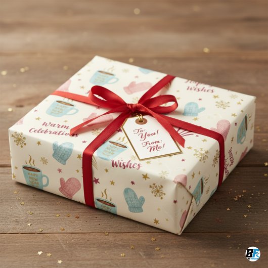 Cozy Winter Mug Mitten Pattern "Happy New Year" Inpakpapier Vel