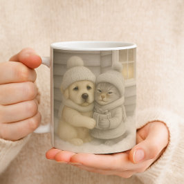 Cozy Winter Mug with Puppy and Kitten Illustration Koffiemok