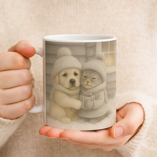 Cozy Winter Mug with Puppy and Kitten Illustration Koffiemok