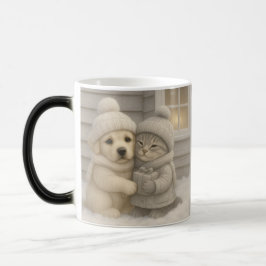 Cozy Winter Mug with Puppy and Kitten Illustration Magische Mok
