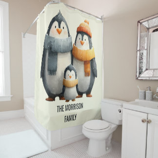 Cozy Winter Penguin Family Douchegordijn
