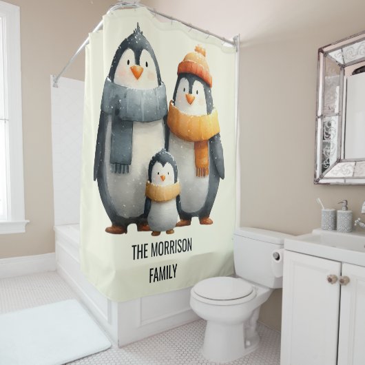 Cozy Winter Penguin Family Douchegordijn (In situ)