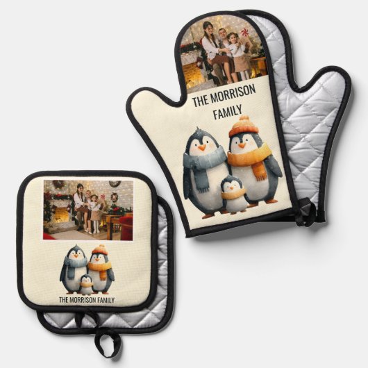 Cozy Winter Penguin Family Ovenwant & Pannenlap Set (Voorkant / Achterkant)