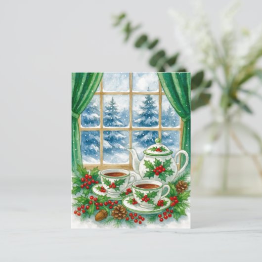 Cozy Winter Tea by the Window Postcard Feestdagenkaart (Staand voorkant)