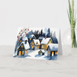 Cozy Winter Village Watercolor Christmas Greeting  Kaart