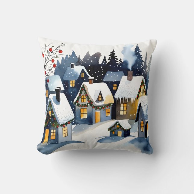 Cozy Winter Village Watercolor Christmas Kussen (Voorkant)