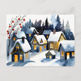 Cozy Winter Village Watercolor Christmas Postcard Briefkaart