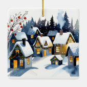 Cozy Winter Village Watercolor Christmas Square Keramisch Ornament (Achterkant)