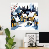 Cozy Winter Village Watercolor Christmas Wall Art  Poster (Thuiskantoor)