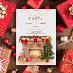 Cozy winterschoorsteenkerstboomillustratie folie uitnodiging<br><div class="desc">Een moderne lay-out met een geborsteld lettertype met handbeschilderde traditionele knappe winterkerstscène met een steenschoorsteen,  brandende brandwerende plek,  kerstdenpoten en sokken,  met een schattige groene en rode kerstboom en een gloeiend licht en een stapel gewikkelde geschenken en cadeaus</div>