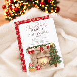 Cozy winterschoorsteenkerstboomillustratie kaart<br><div class="desc">Een moderne lay-out met een geborsteld lettertype met handbeschilderde traditionele knappe winterkerstscène met een steenschoorsteen,  brandende brandwerende plek,  kerstdenpoten en sokken,  met een schattige groene en rode kerstboom en een gloeiend licht en een stapel gewikkelde geschenken en cadeaus</div>