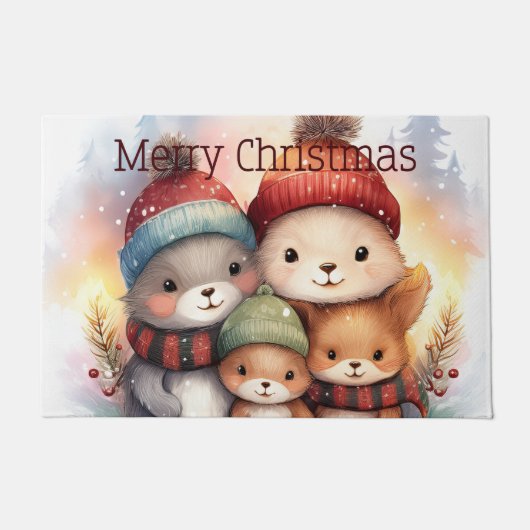 Cozy Woodland Animal Family Merry Christmas Deurmat (Voorkant)