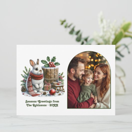 Cozy Woodland Bunny Family Christmas Photo Feestdagenkaart (Staand voorkant)