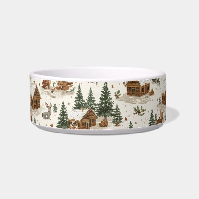 Cozy Woodland Cabin Cat Bowl – Rabbits, Pine Trees Voerbakje (Rechts)