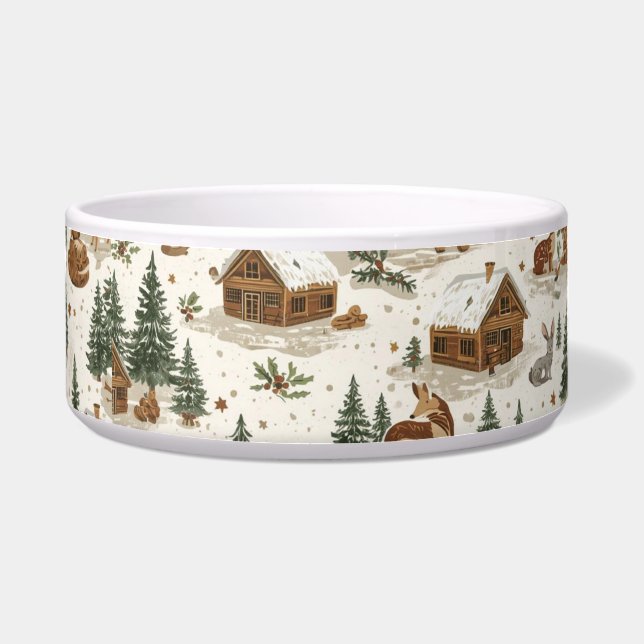 Cozy Woodland Cabin Dog Bowl – Deer, Foxes & Pines Voerbakje (Voorkant)