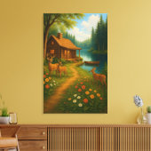 Cozy Woodland Cabin With Deer Stretched Canvas Afdruk (Insitu (Woonkamer))