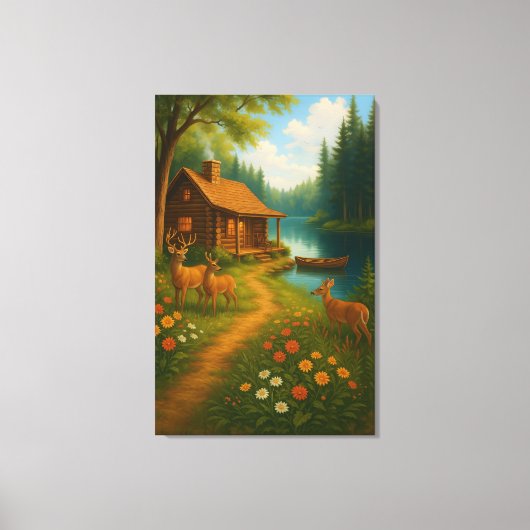Cozy Woodland Cabin With Deer Stretched Canvas Afdruk (Voorkant)