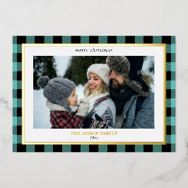 CozyTeal Black Plaid Border 3 Foto's Kerst Folie Feestdagenkaart