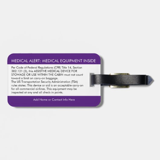 CPAP- of medische waarschuwing op Bagagelabel (Achterkant horizontaal)