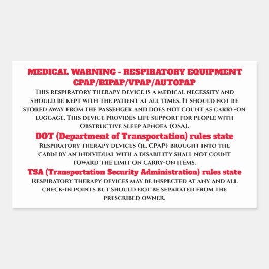 CPAP-waarschuwingssticker voor slaapapnea Rechthoekige Sticker (Voorkant)