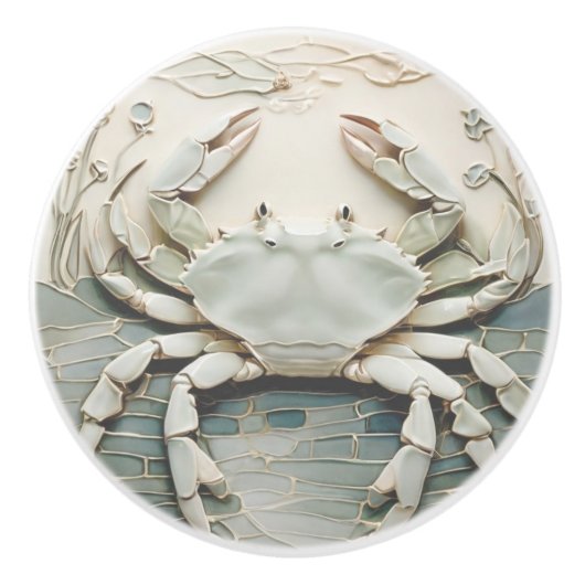 Crab Art Nouveau Faux Relief White & Mint Pastel Keramische Knop (Voorkant)