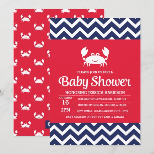 Crab Baby shower Invitation, nautische Invitation Kaart (Voorkant / Achterkant)