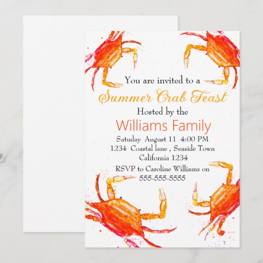 Crab Beach Kust Nautische zeevruchten Kook Kaart (Voorkant / Achterkant)