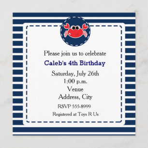 Crab Beach Navy Stripes Nautical Party Invitation Kaart