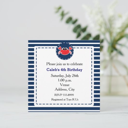Crab Beach Navy Stripes Nautische Party Uitnodigin Kaart (Staand voorkant)