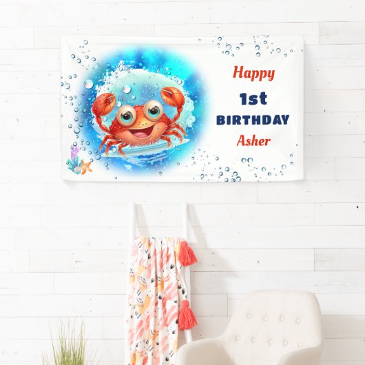 Crab Beach Pool Party Zomer Jongen 1e Verjaardag Spandoek (Insitu)
