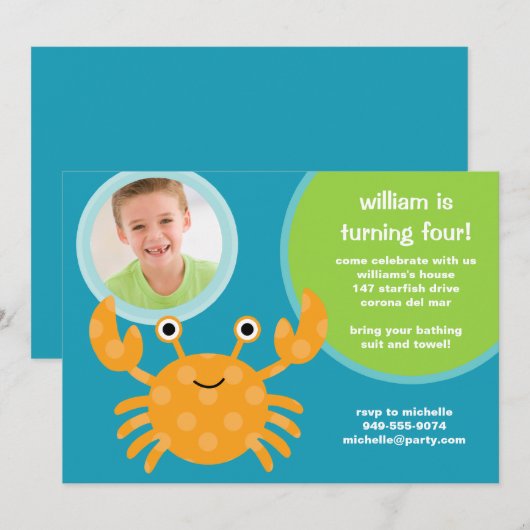 Crab Birthday Party Invitation Kaart (Voorkant / Achterkant)