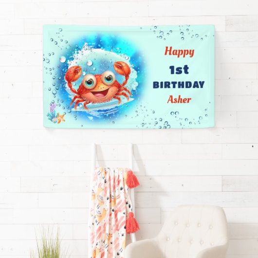 Crab Blue Boy Pool Party Zomer 1e Verjaardag Spandoek (Insitu)
