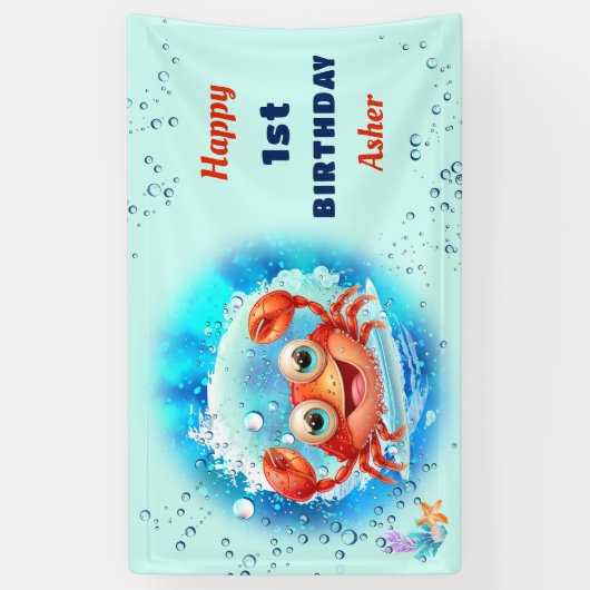 Crab Blue Boy Pool Party Zomer 1e Verjaardag Spandoek (Verticaal)