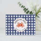 Crab Blue Gingham Wedding Place Card Flat Kaart (Staand voorkant)