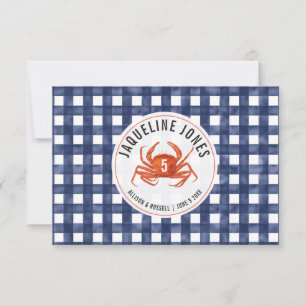 Crab Blue Gingham Wedding Place Card Flat Kaart