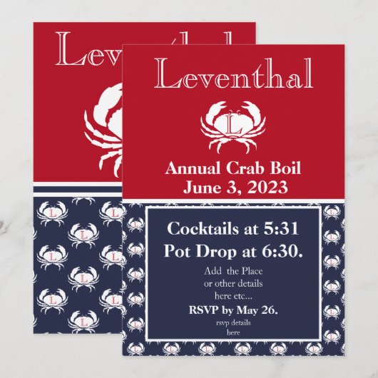 Crab Boil Invite Red Crab Navy Blue White Coastal Kaart (Voorkant / Achterkant)