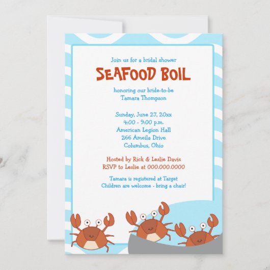 CRAB BOIL Seafood Party Bridal Shower Invitation Kaart (Voorkant)