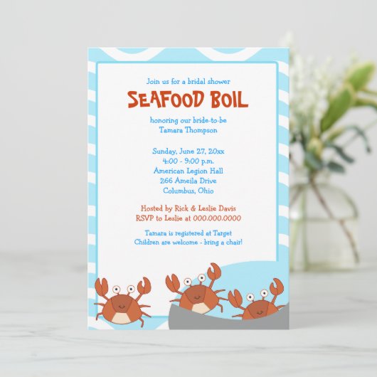 CRAB BOIL Seafood Party Bridal Shower Invitation Kaart (Staand voorkant)