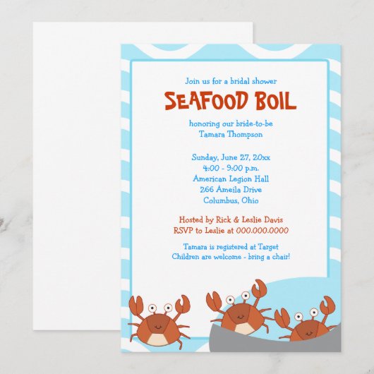 CRAB BOIL Seafood Party Bridal Shower Invitation Kaart (Voorkant / Achterkant)