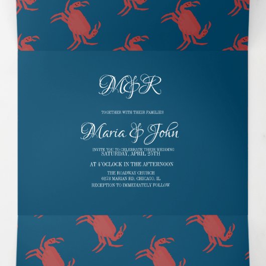 Crab Broil Boil Seafood Beach Nautical Weddenschap Drieluik Uitnodiging (Binnenkant midden)