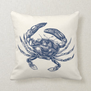 Crab Illustration Navy Blue op Cream Kussen
